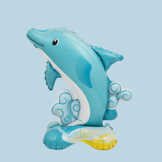 Inflatable dolphin-shaped foil balloon on a light blue background