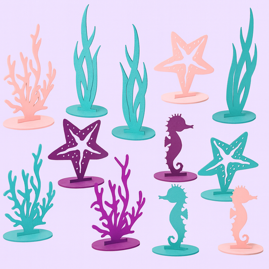 Colourful sea-themed felt decorations including seahorses, stars, and coral on a light purple background.