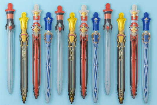 Set of decorative sword balloons with various designs on a blue background