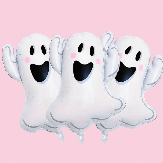 Three ghost-shaped balloons on a pink background