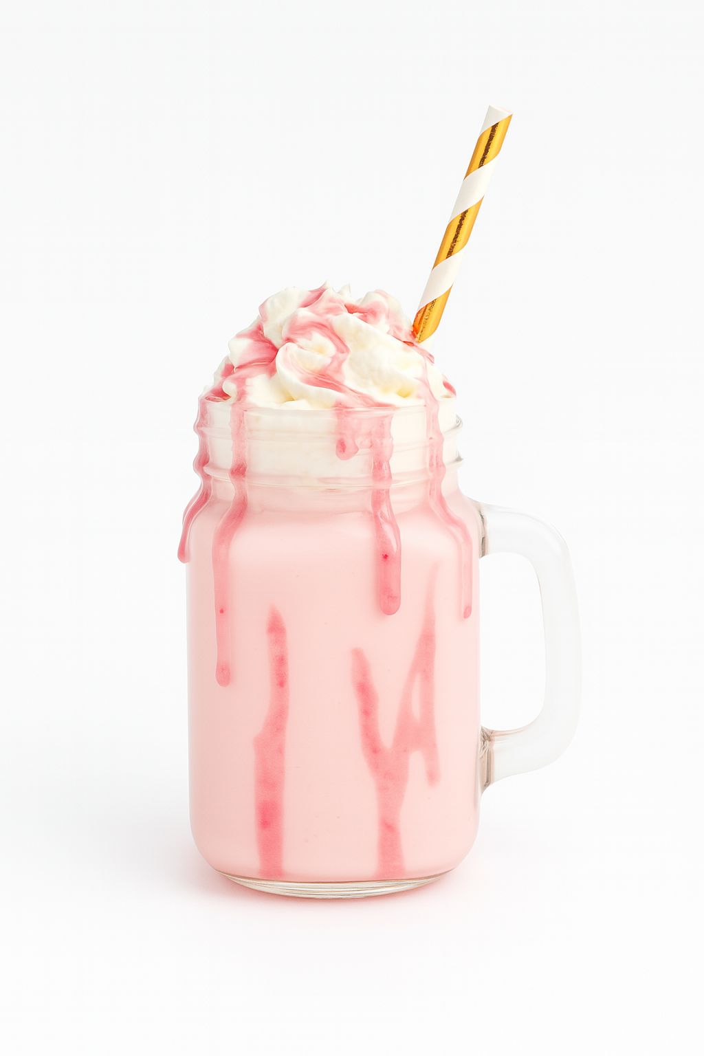Pink milkshake with whipped cream and a gold straw in a mason jar on a white background