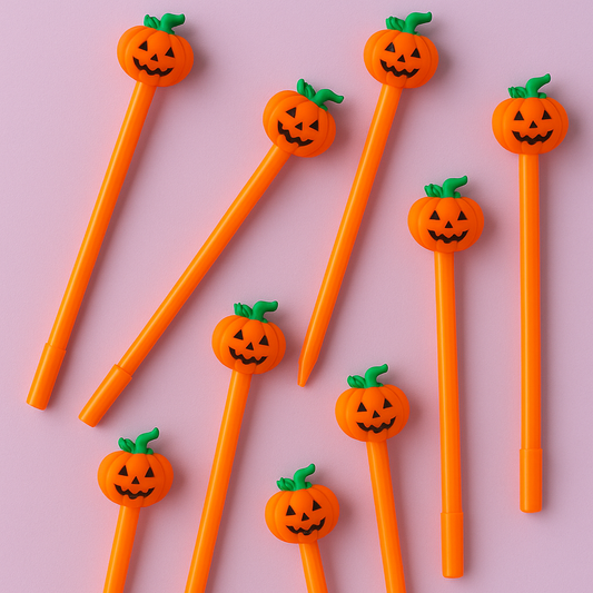 Orange pens with pumpkin-themed tips on a pink background