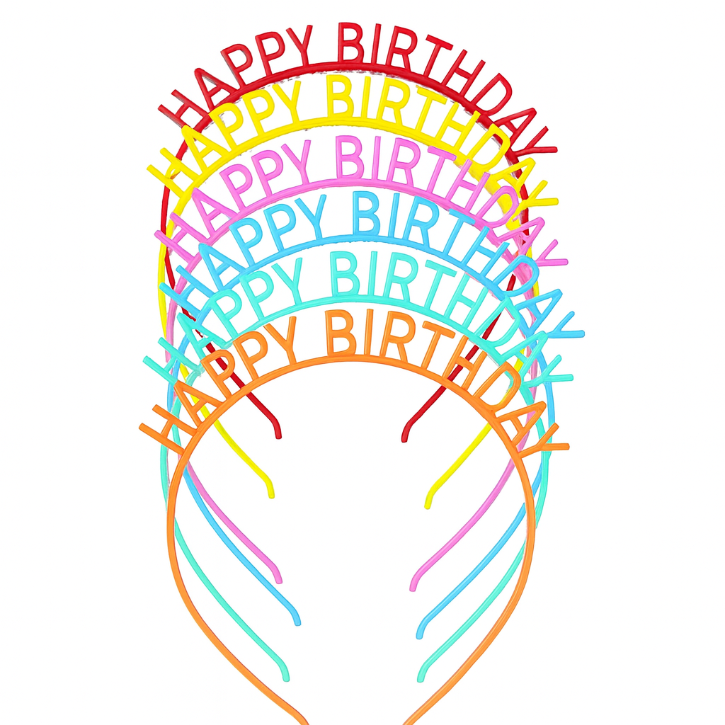 Colourful 'Happy Birthday' headbands on a white background