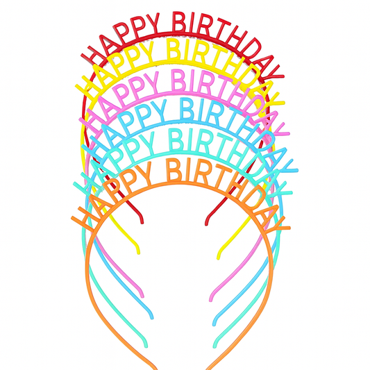 Colourful 'Happy Birthday' headbands on a white background