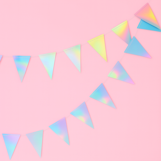 Iridescent triangle-shaped bunting on a pink background