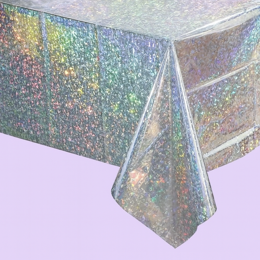 Holographic tablecloth with iridescent pattern on a purple background