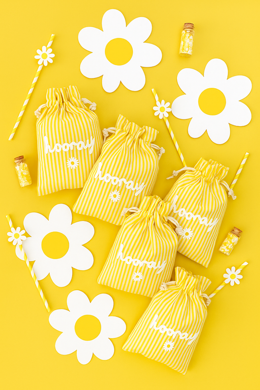 Yellow striped daisy hooray fabric party bags