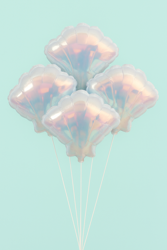 Iridescent balloons against a light blue background