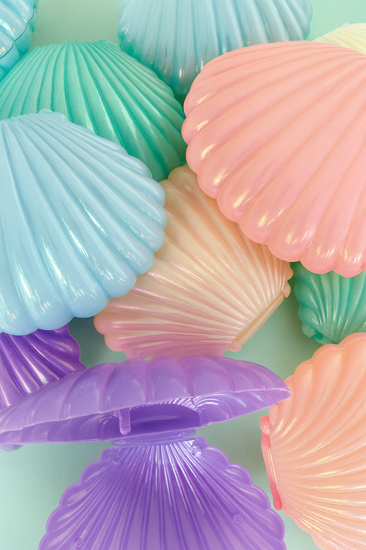 Pastel-coloured seashell-shaped pots on a light green background