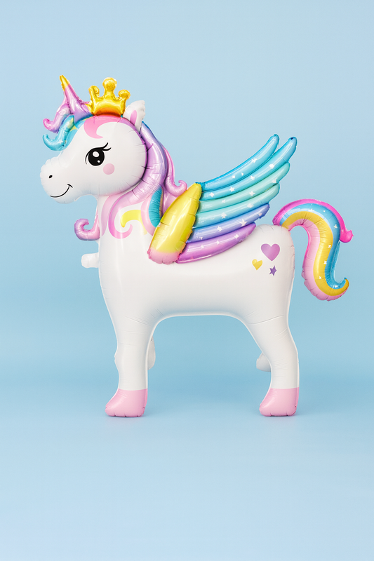 Colorful unicorn figurine with rainbow mane and wings on a light blue background