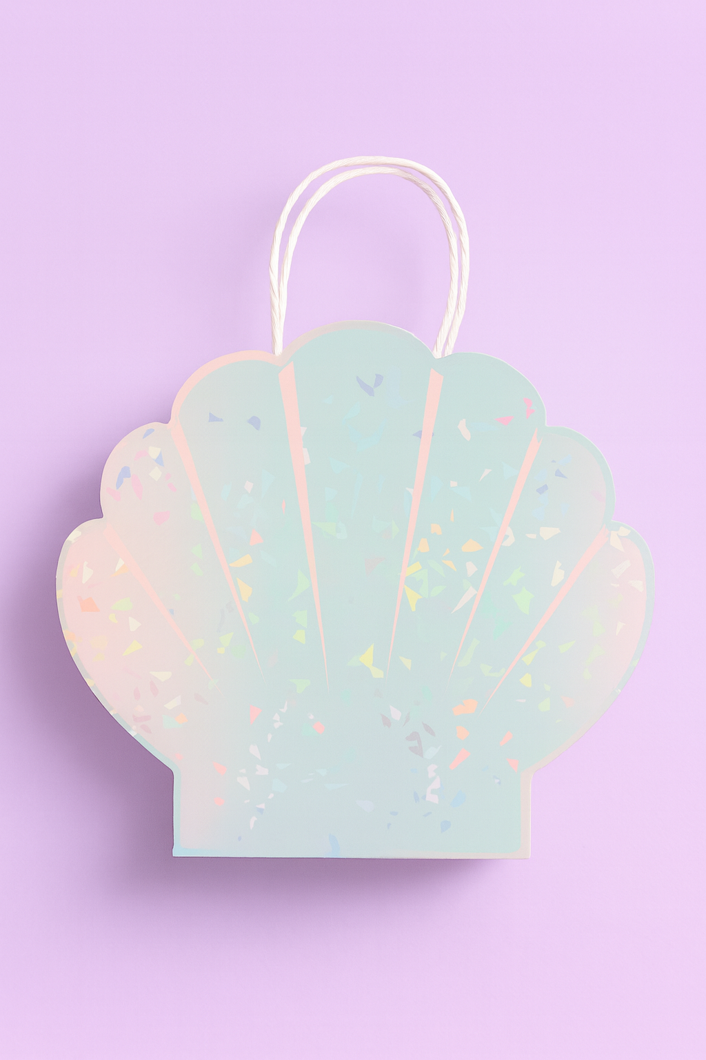 Shell-shaped gift bag with a holographic finish on a purple background