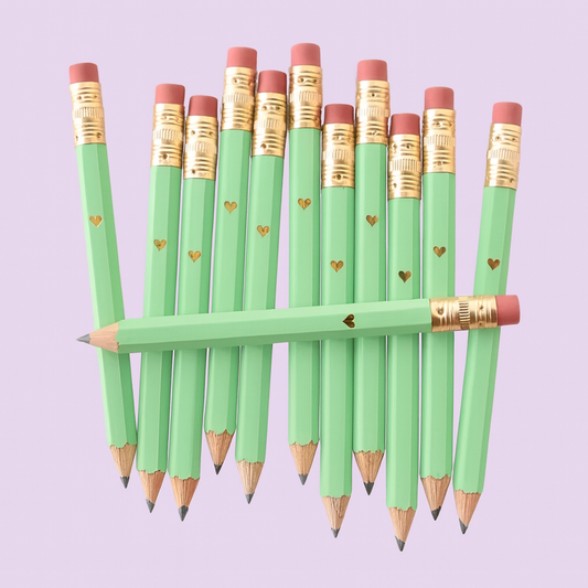 Mini mint green pencils with gold heart foil detail 