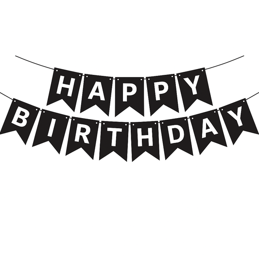 monochrome ‘Happy Birthday' banner on a white background