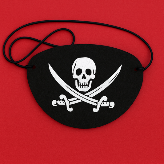 Black pirate eye patch with skull and crossbones design on a red background