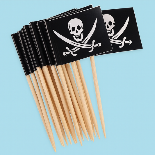 Pirate-themed black flags featuring a skull and crossbones design on a light blue background.