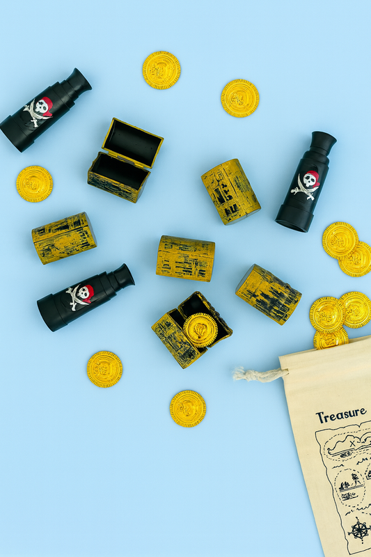 Pirate-mini-treasure-chests-telescopes-coins-party bag fillers 