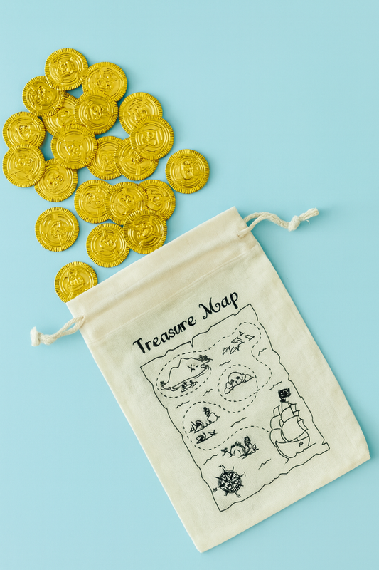 Pirate plastic gold coins in a treasure map bag