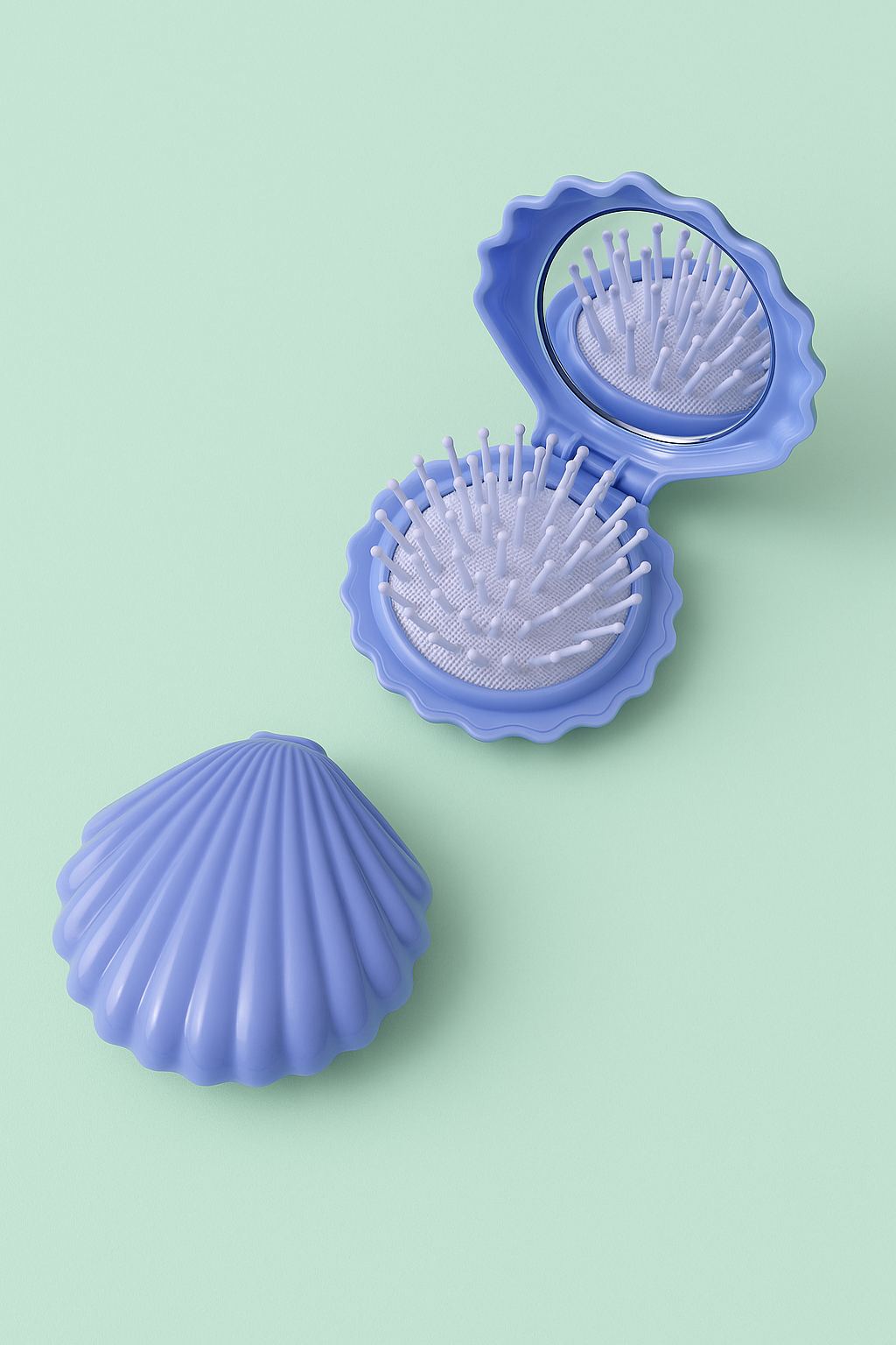 Blue shell-shaped hairbrush with mirror on a light green background