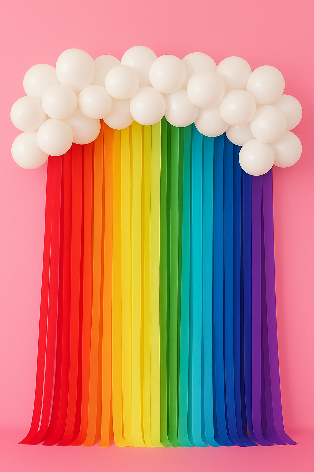 Rainbow-themed party backdrop with balloons and streamers on a pink background
