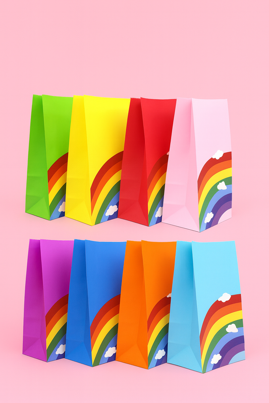 Set of colorful paper bags with rainbow designs on a pink background