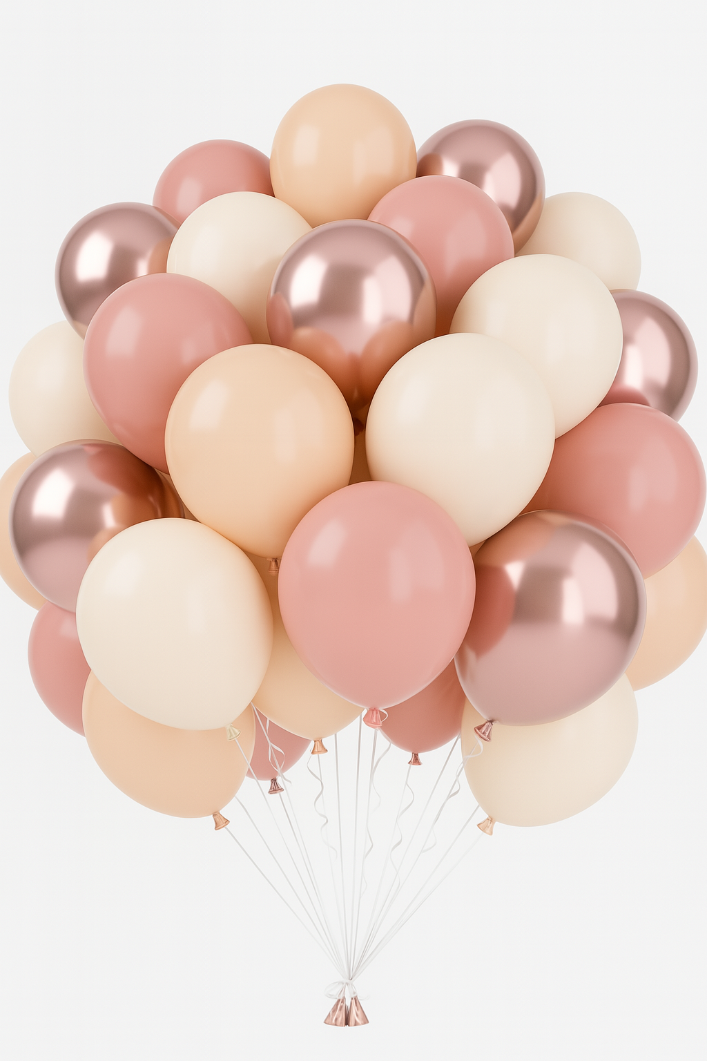 Bouquet of pink, rose gold, and beige balloons on a white background