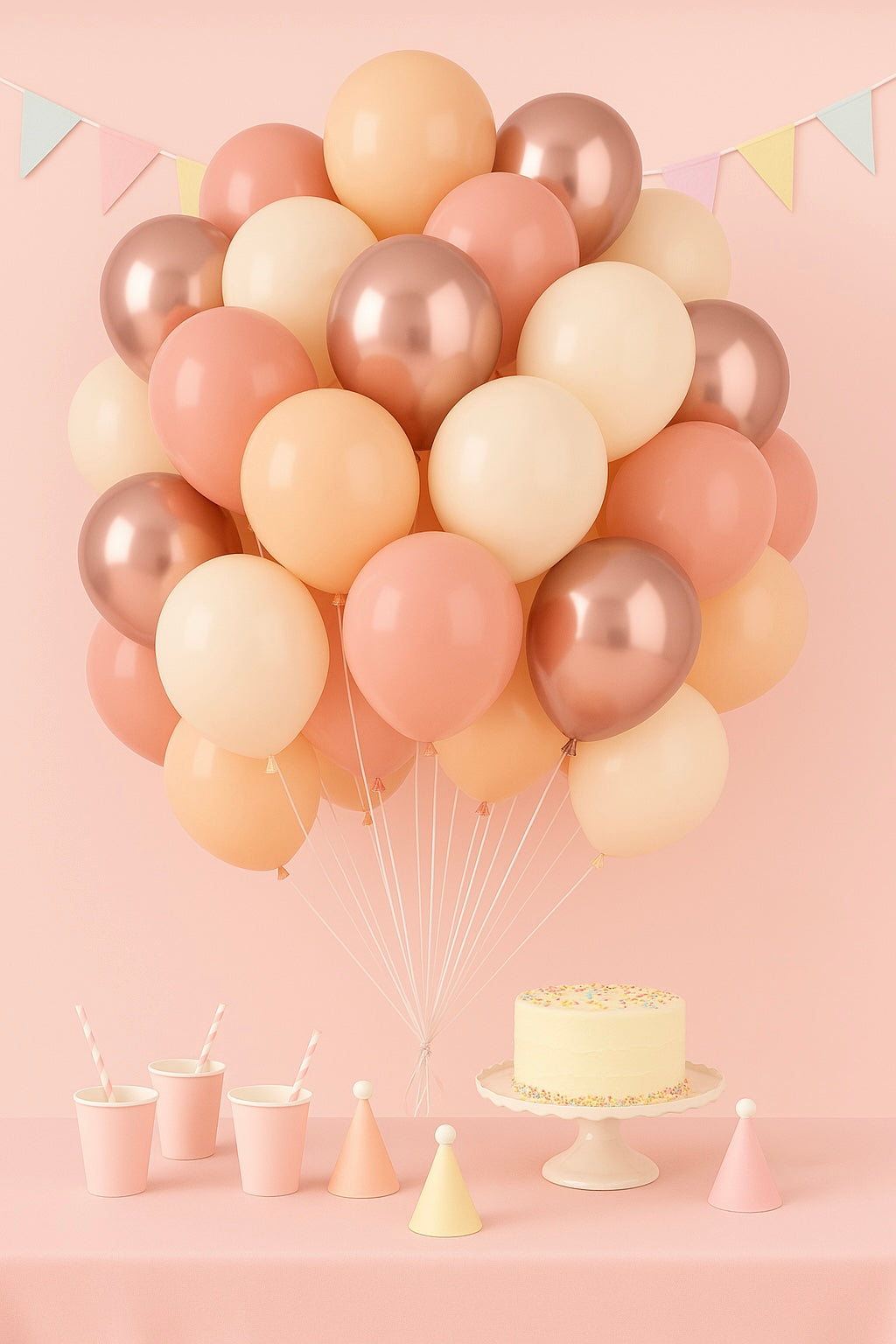 Decorative setup with balloons, cake, and party supplies on a pink background