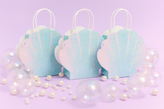 Three pastel blue gift bags shaped like seashells on a purple background with pearls.