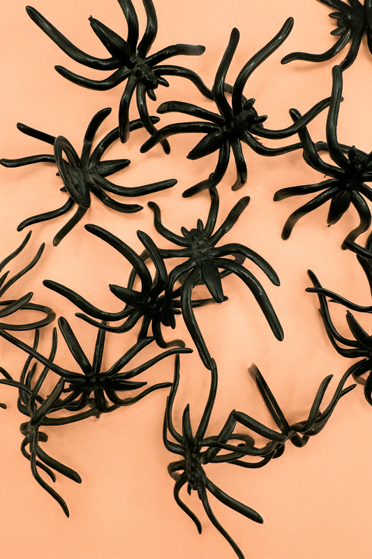 Black spider rings on a peach-coloured background