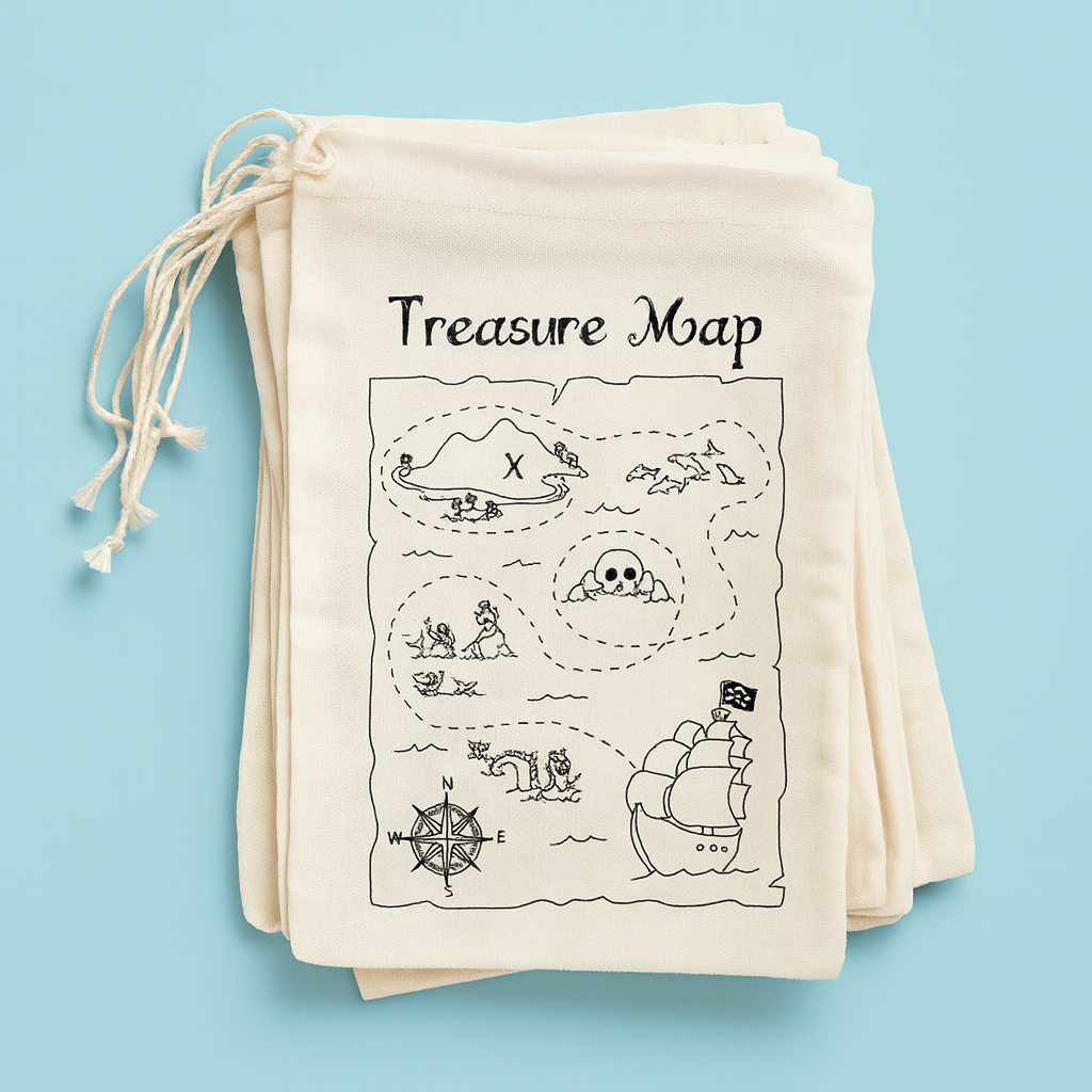 Beige drawstring party bags with a black treasure map design on a light blue background