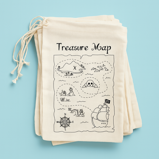 Beige drawstring party bags with a black treasure map design on a light blue background