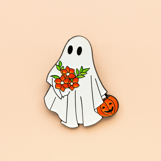 Ghost with flowers and a pumpkin enamel badge on a beige background