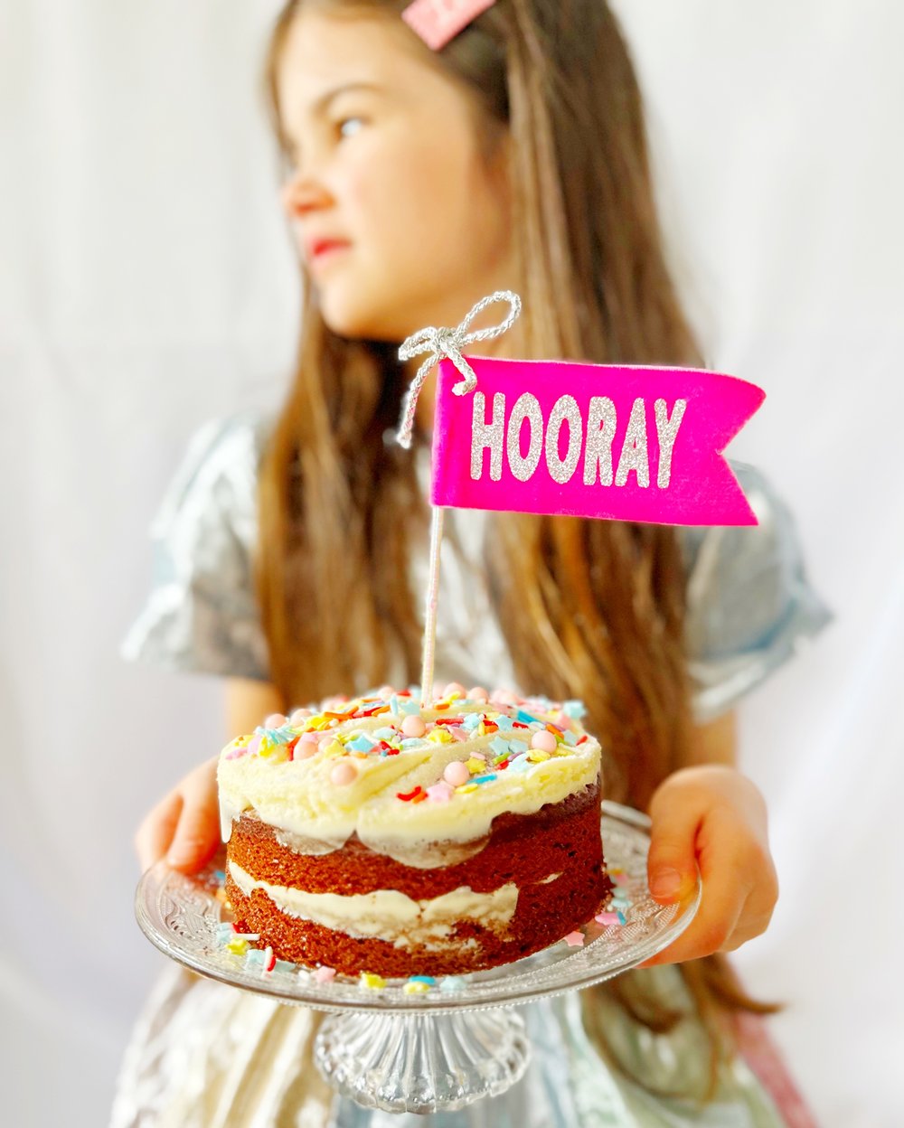 Pink silver hooray cake flag topper